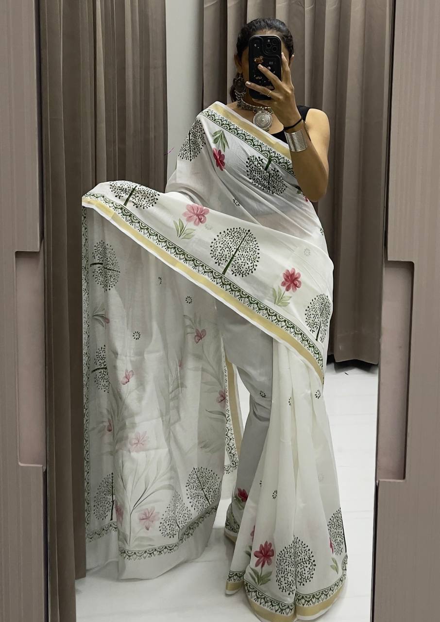 "Ready to Wear White Floral Saree Nature-Inspired Elegance"