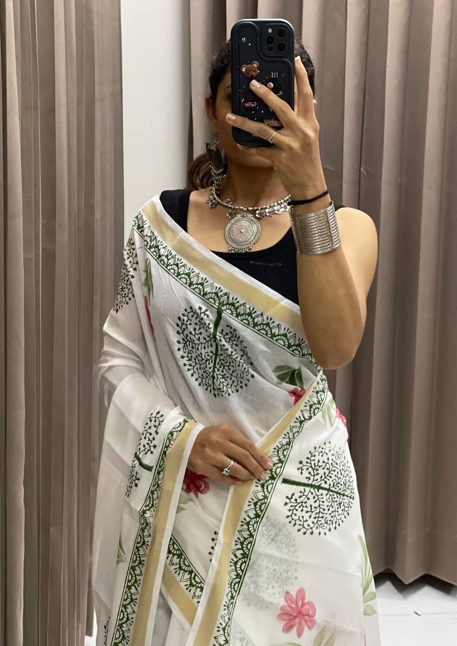 "Ready to Wear White Floral Saree Nature-Inspired Elegance"