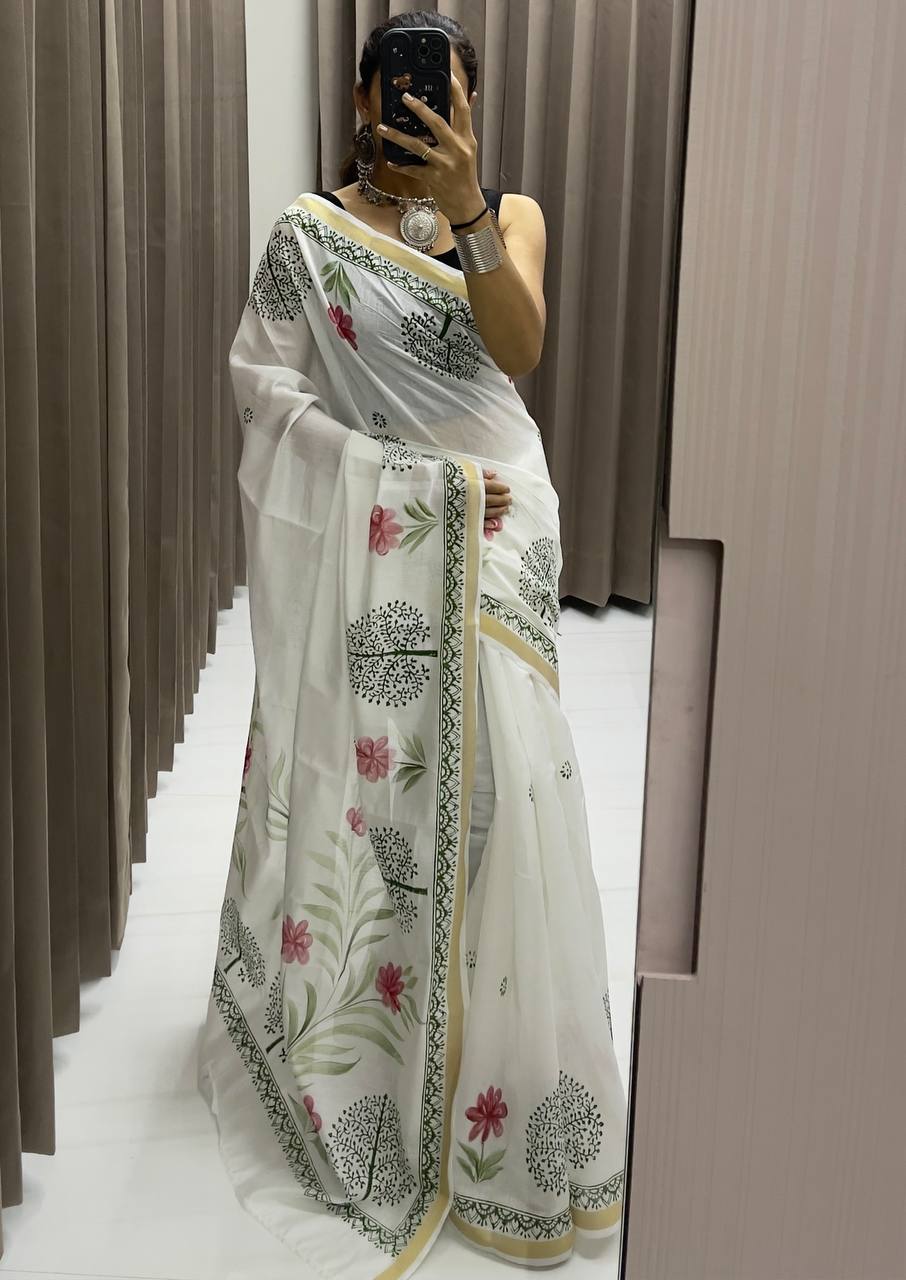 "Ready to Wear White Floral Saree Nature-Inspired Elegance"