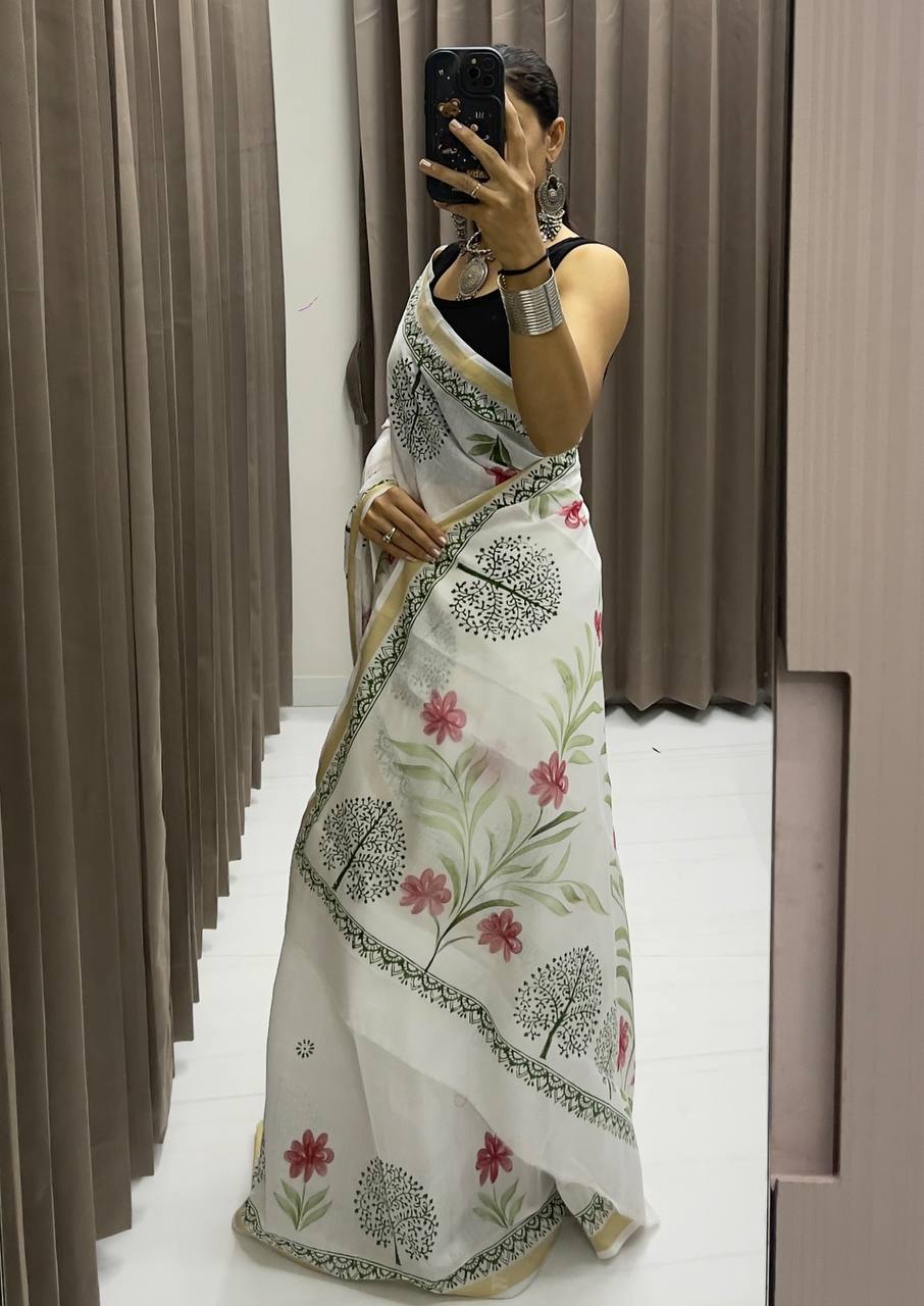 "Ready to Wear White Floral Saree Nature-Inspired Elegance"