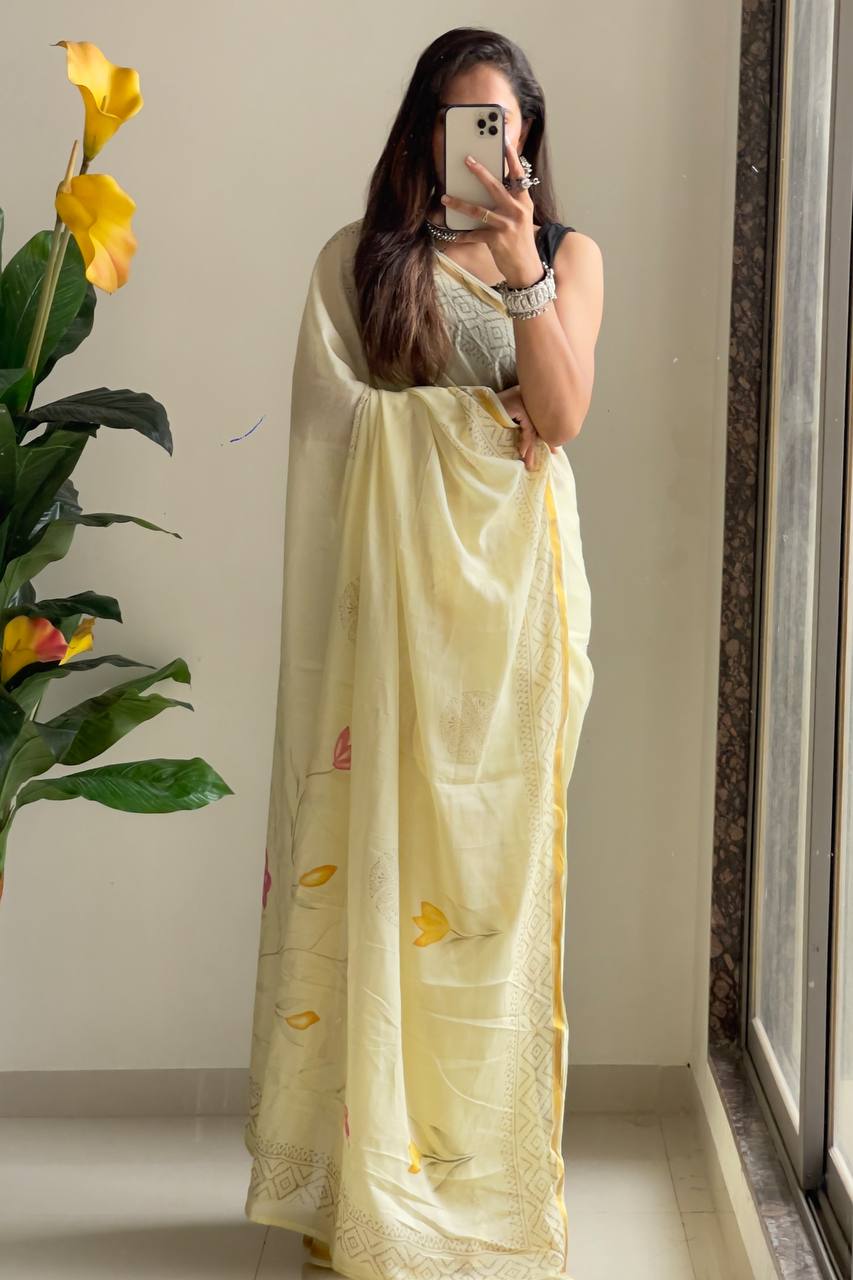 Ready to Wear Whispers of Spring Painted Floral Saree With Golden Geometric Border