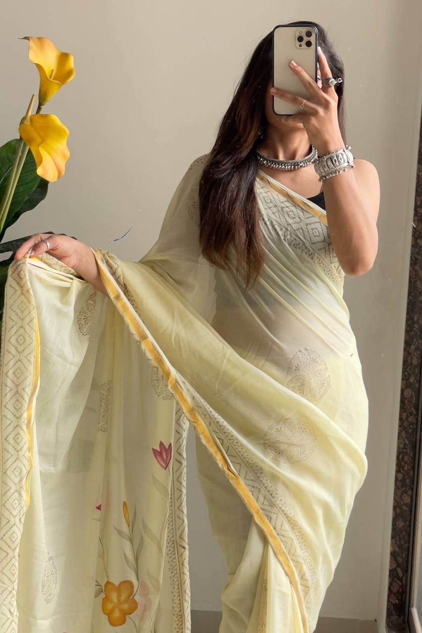 Ready to Wear Whispers of Spring Painted Floral Saree With Golden Geometric Border