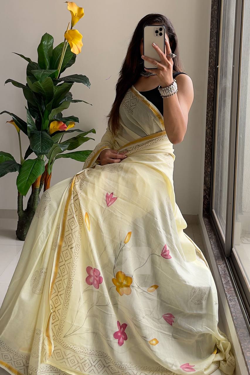 Ready to Wear Whispers of Spring Painted Floral Saree With Golden Geometric Border