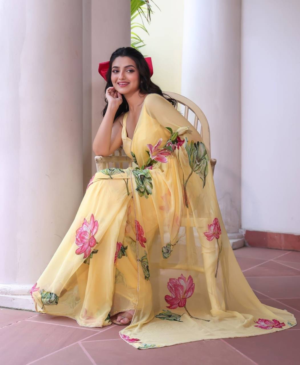 "Radiating Sunshine & Grace A Soft Yellow Floral Femininity Saree "
