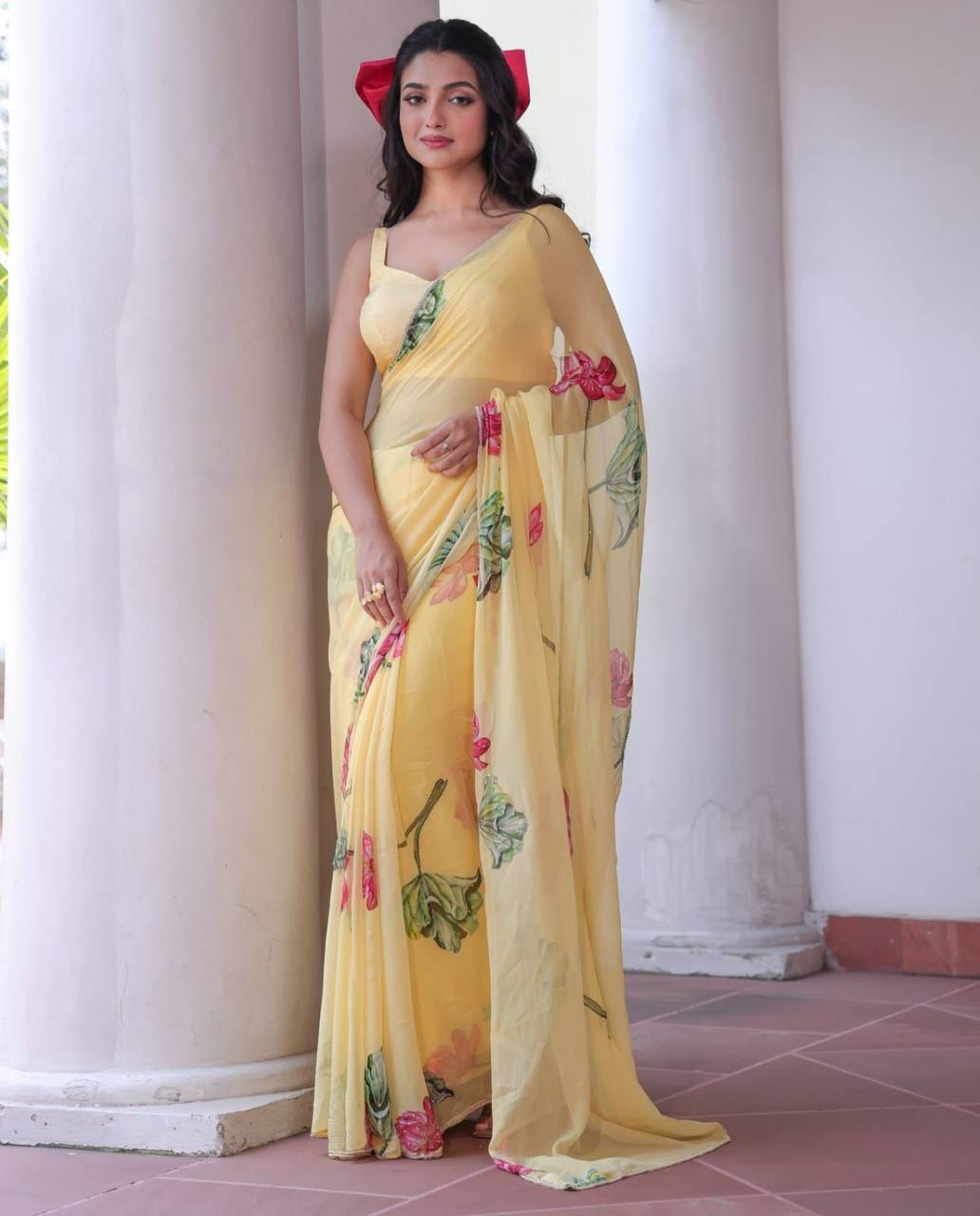 "Radiating Sunshine & Grace A Soft Yellow Floral Femininity Saree "