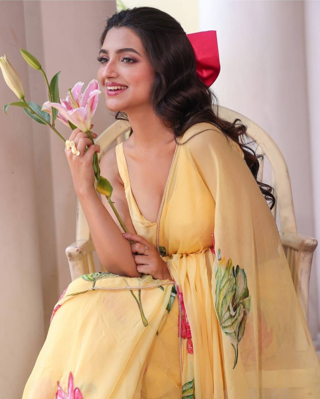"Radiating Sunshine & Grace A Soft Yellow Floral Femininity Saree "