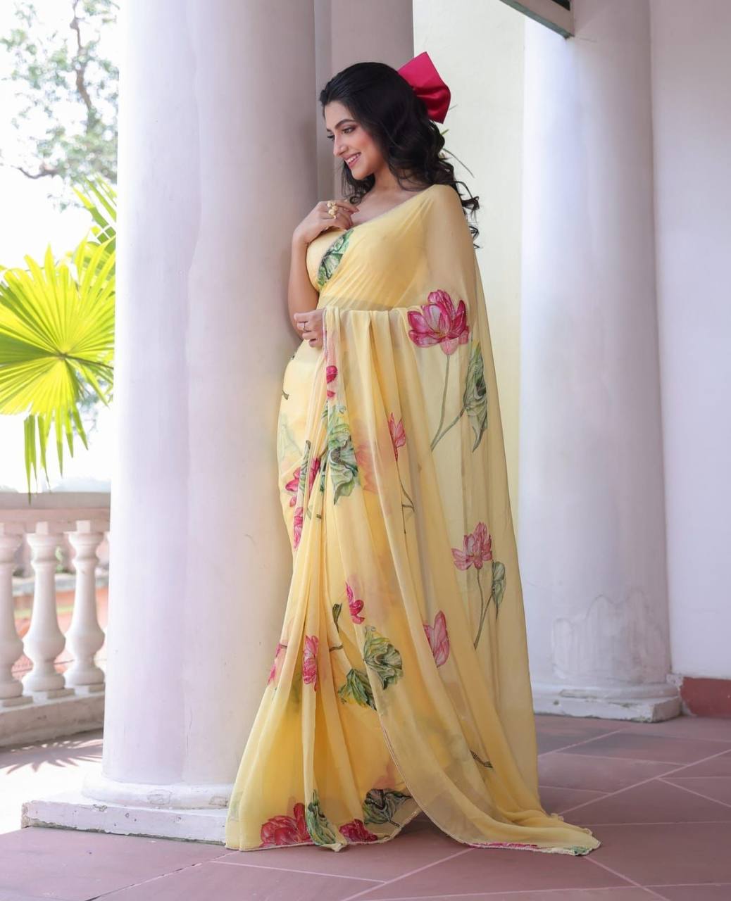 "Radiating Sunshine & Grace A Soft Yellow Floral Femininity Saree "