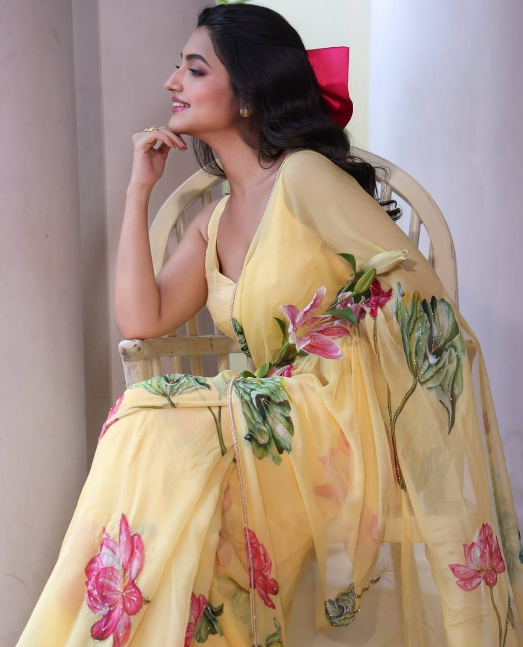 "Radiating Sunshine & Grace A Soft Yellow Floral Femininity Saree "