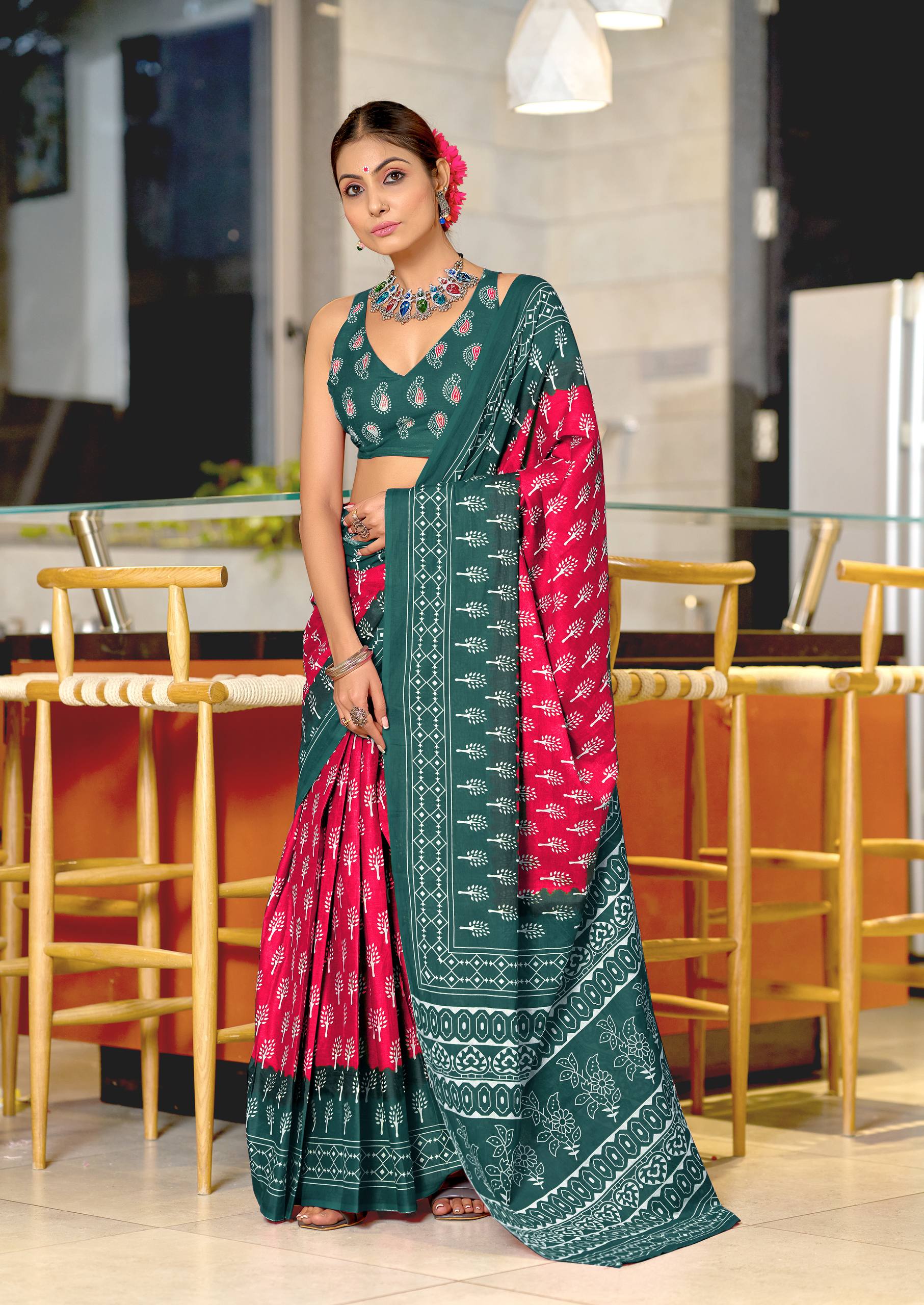 Beautifully Designed Ethnic Ready to Wear Saree with Intricate All-Over Print and Blouse