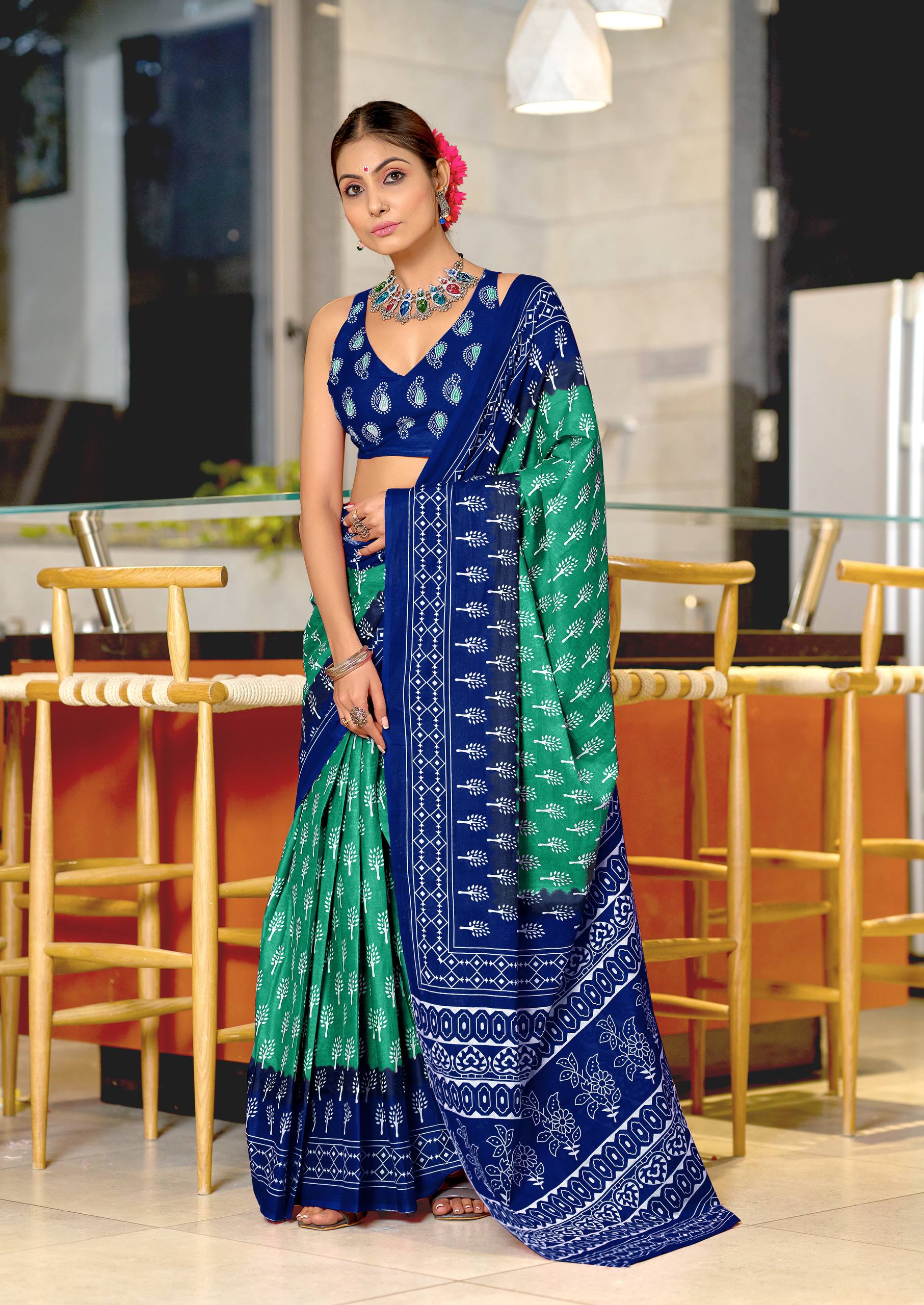 Beautifully Designed Ethnic Ready to Wear Saree with Intricate All-Over Print and Blouse