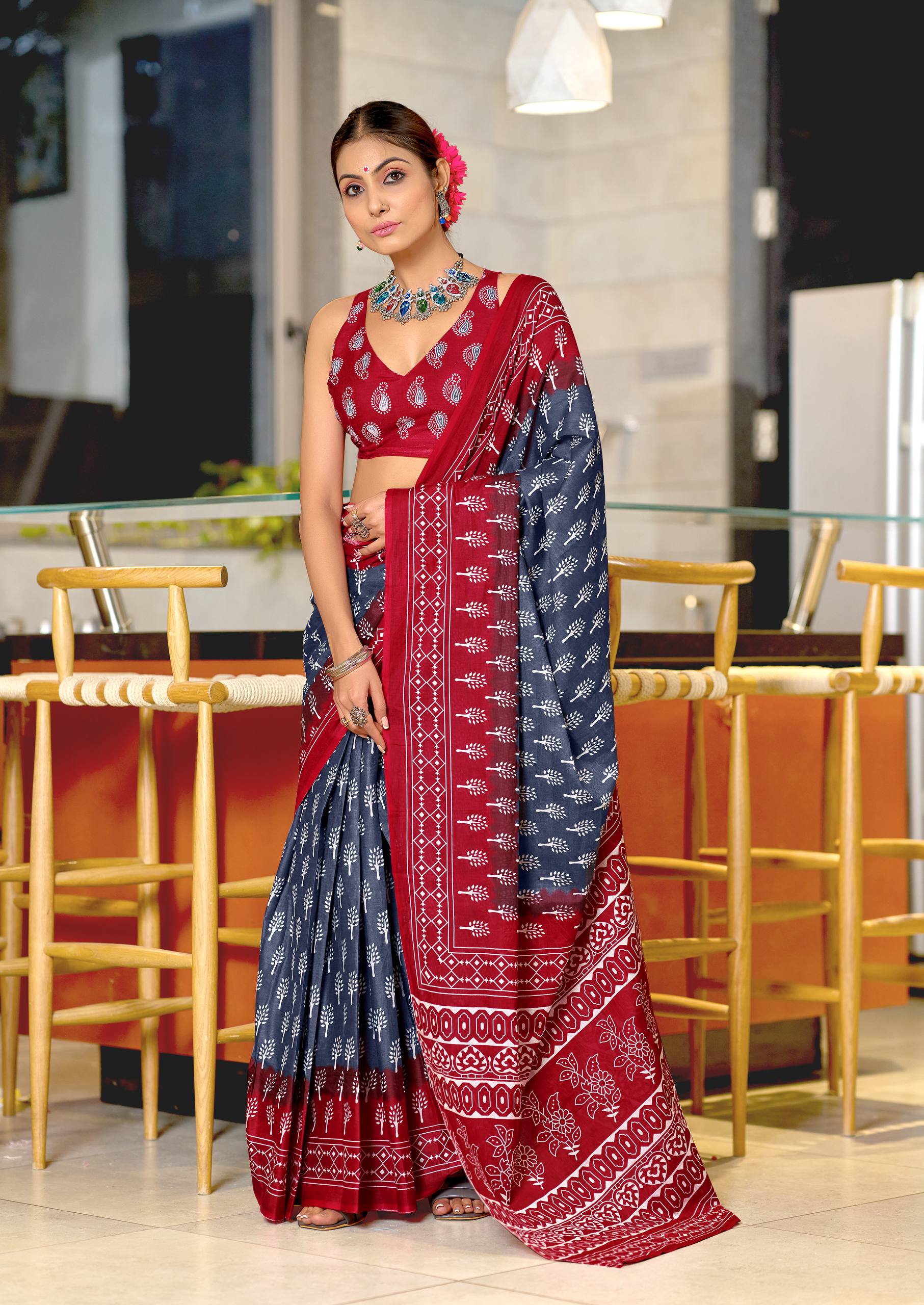 Beautifully Designed Ethnic Ready to Wear Saree with Intricate All-Over Print and Blouse