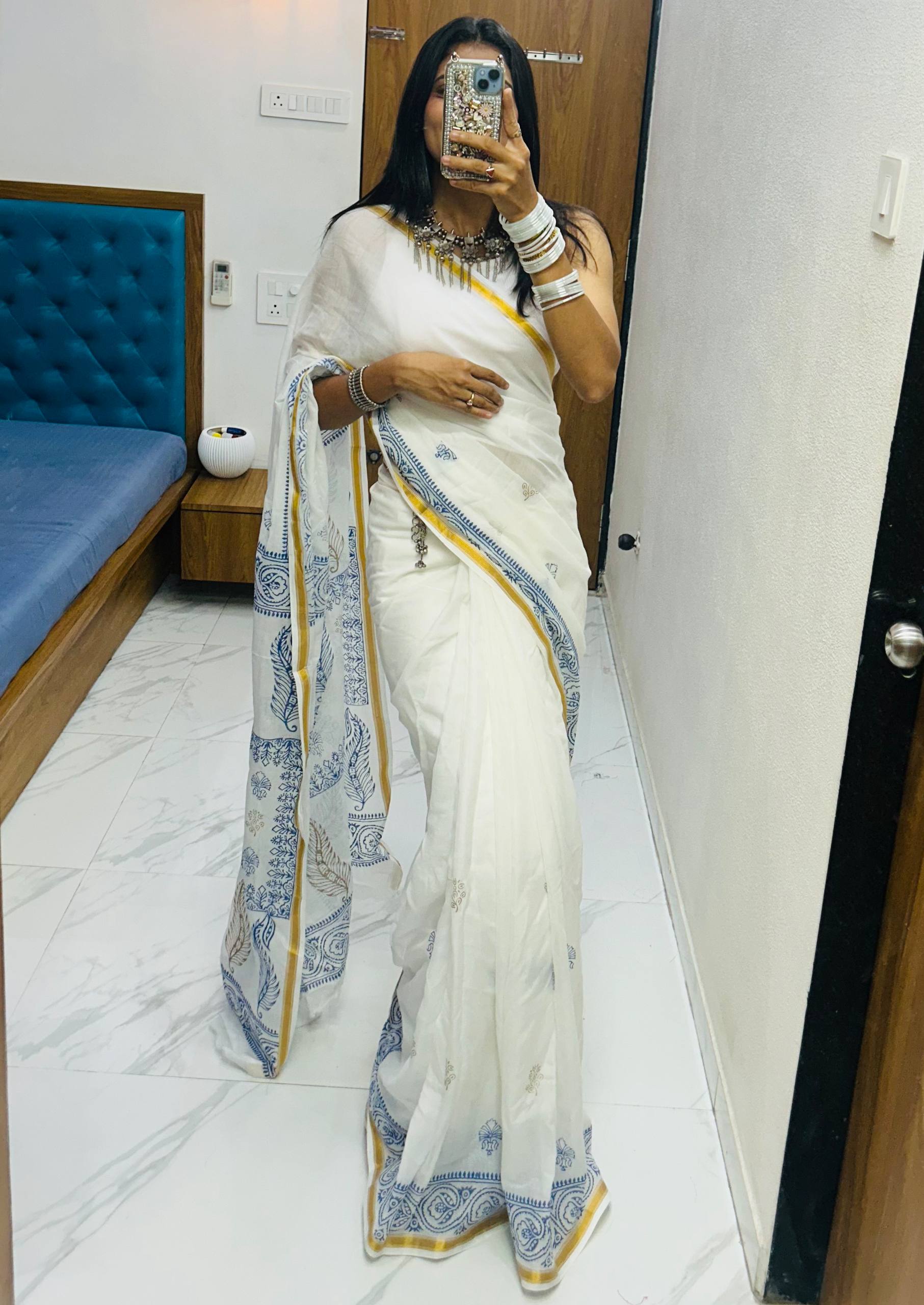 "Grace in White Hand Block Elegance Saree"