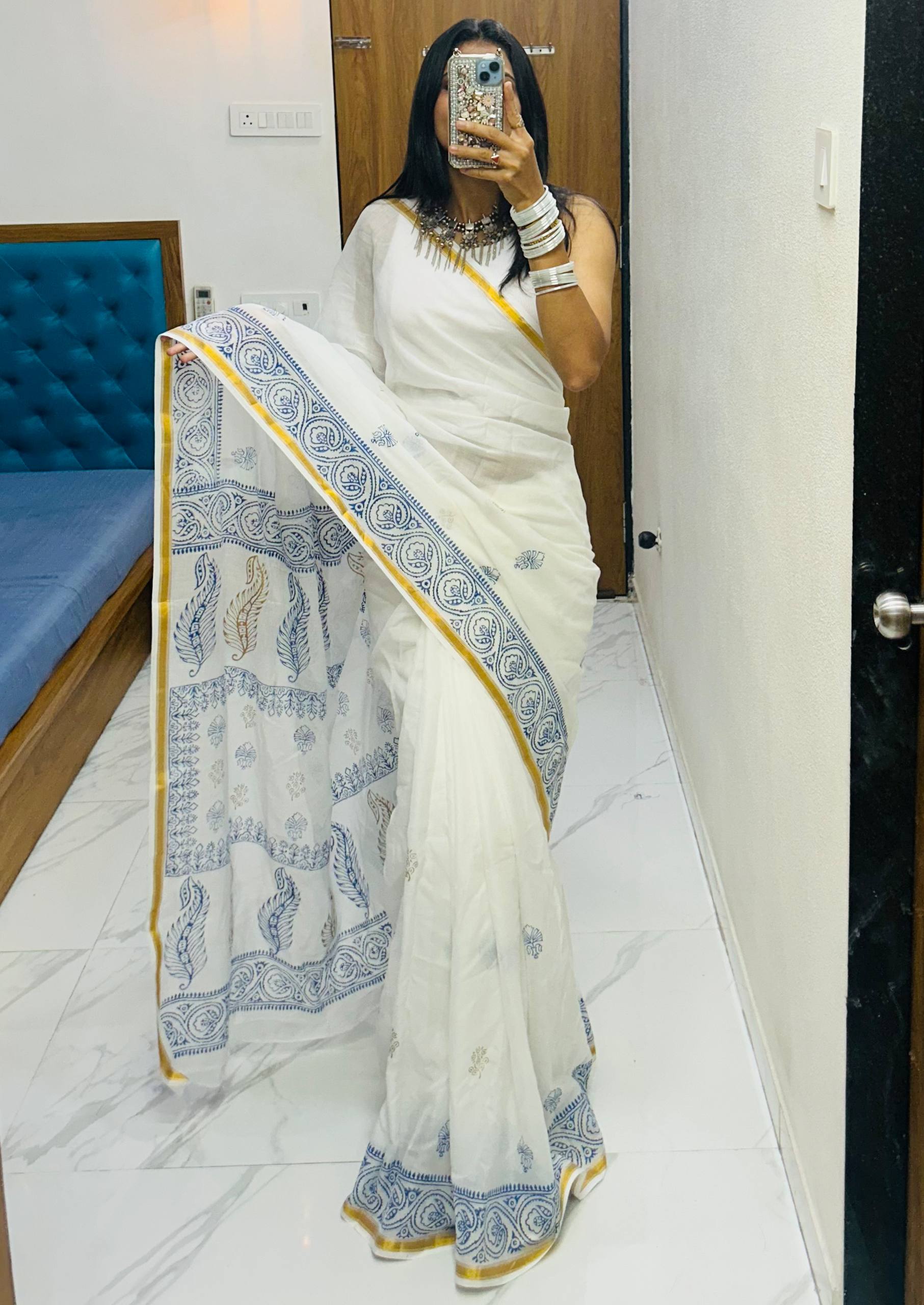 "Grace in White Hand Block Elegance Saree"