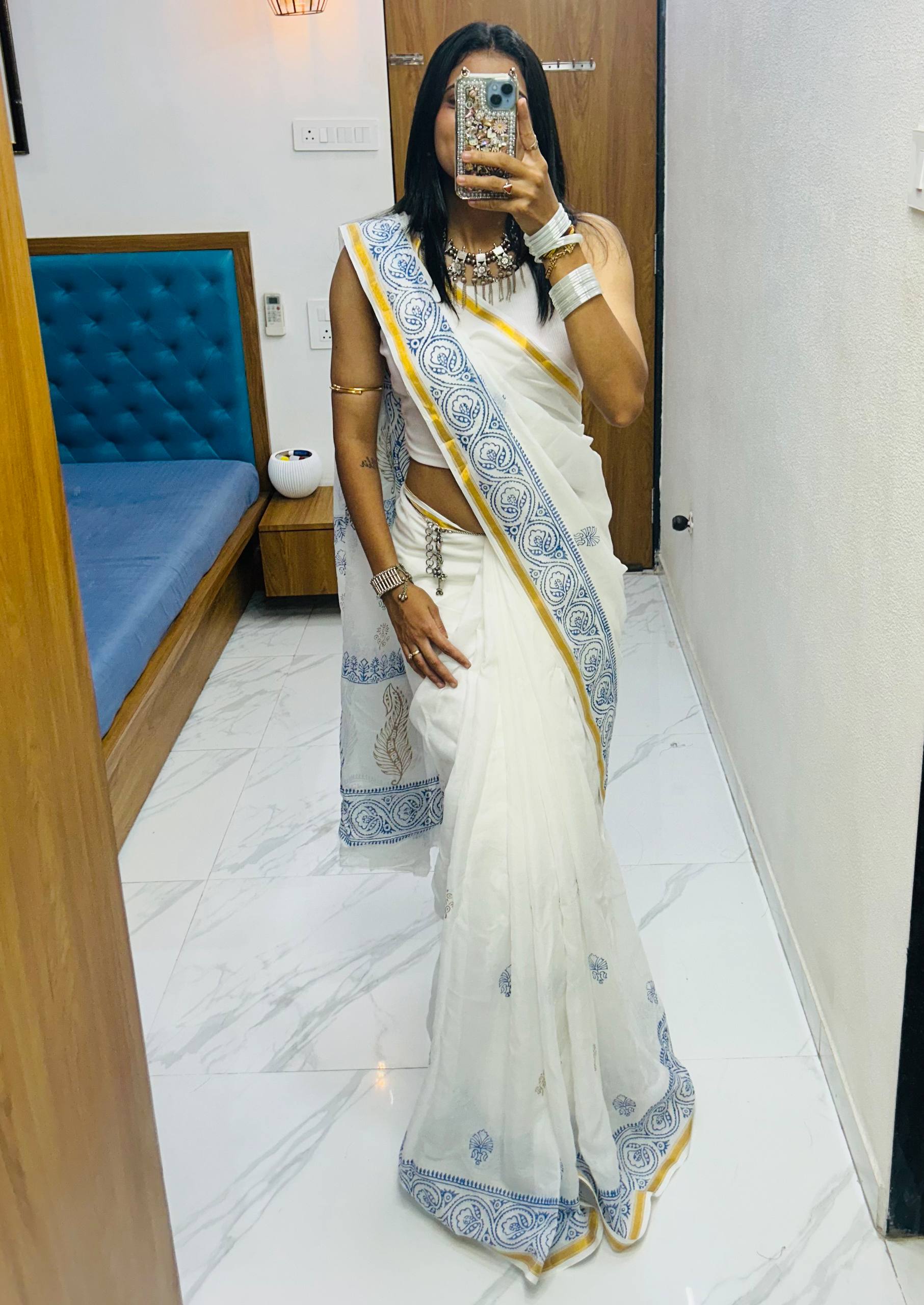 "Grace in White Hand Block Elegance Saree"