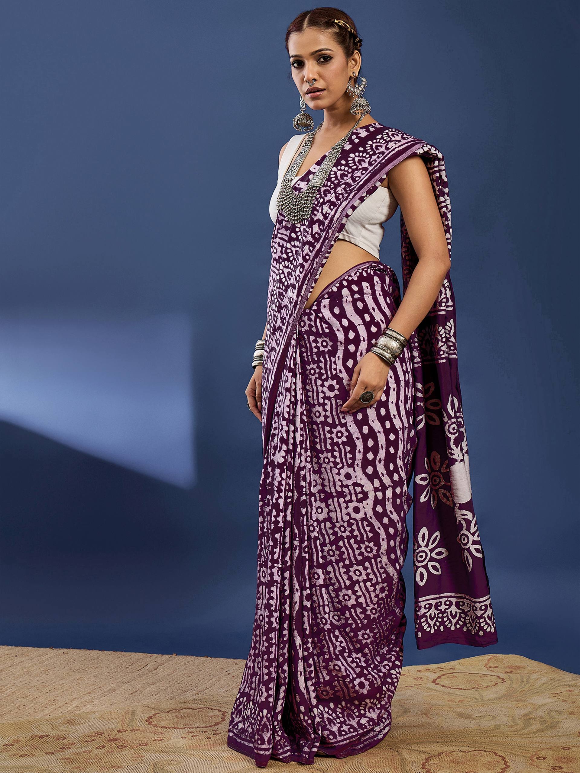 Purple & White 1-Minute Ready to Wear Bandhani Print Saree with Matching Blouse  Perfect for Festive & Party Wear