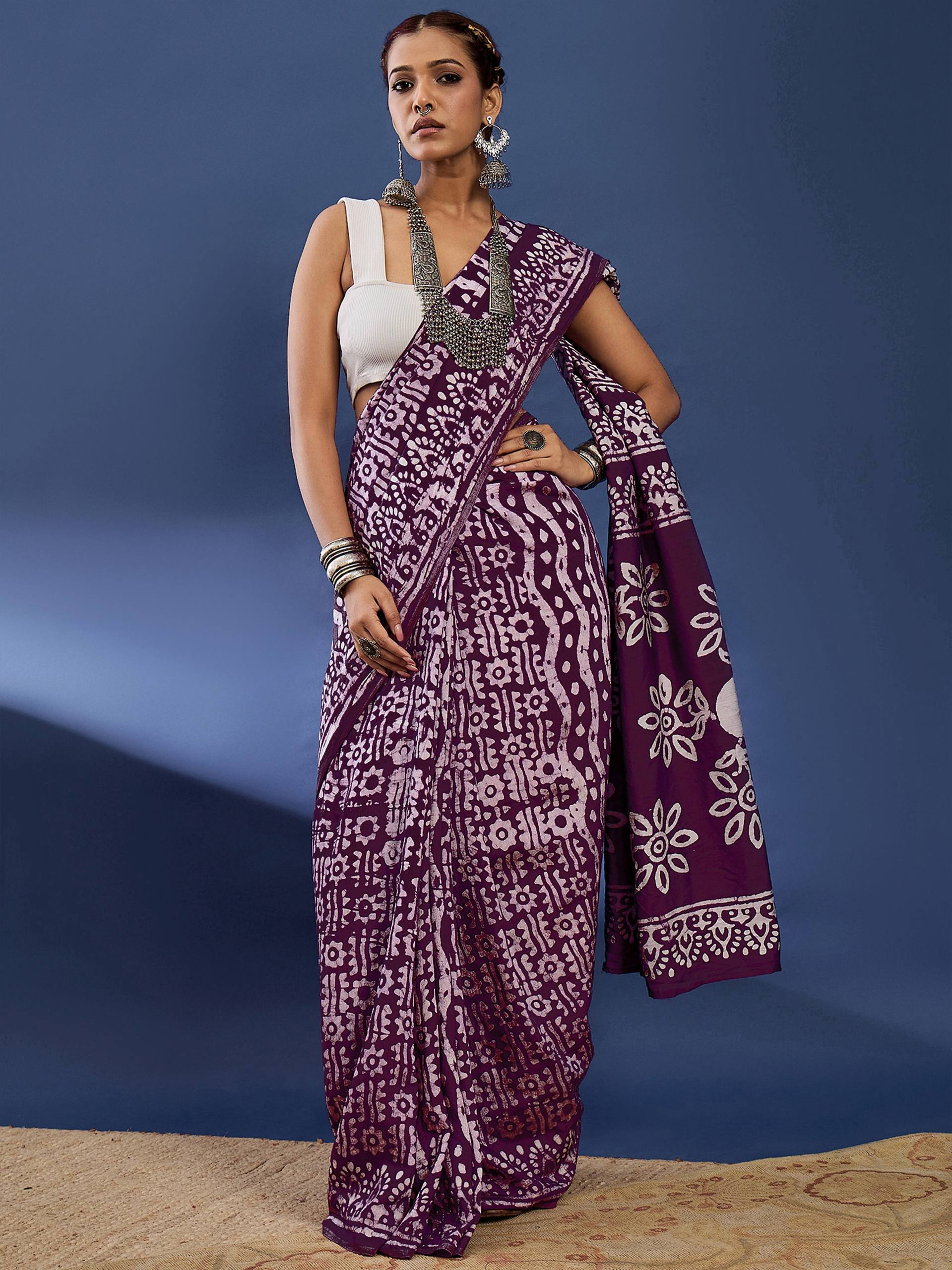 Purple & White 1-Minute Ready to Wear Bandhani Print Saree with Matching Blouse  Perfect for Festive & Party Wear