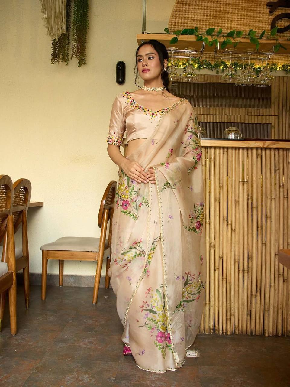 Floral Organza Saree with Satin Blouse