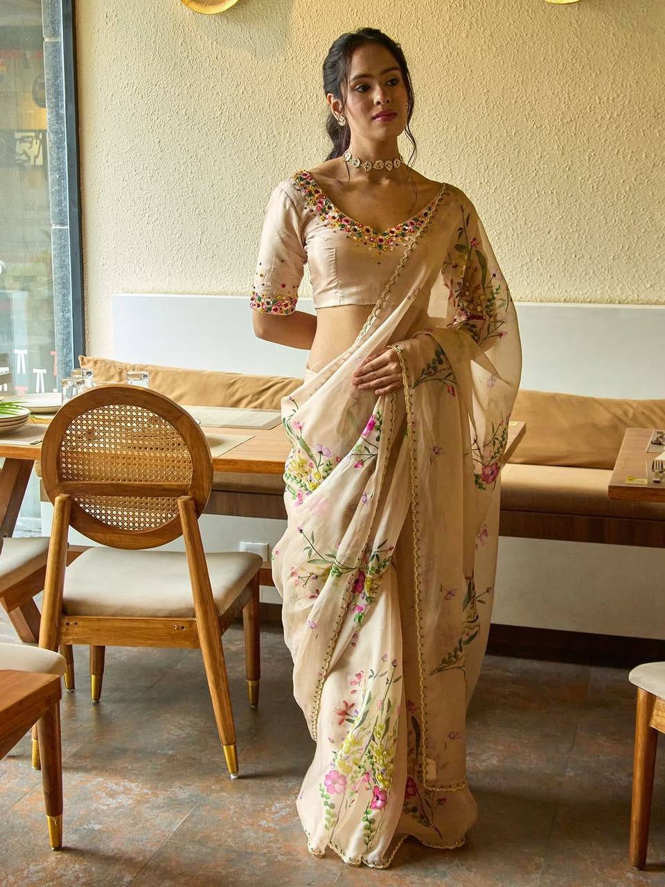 Floral Organza Saree with Satin Blouse