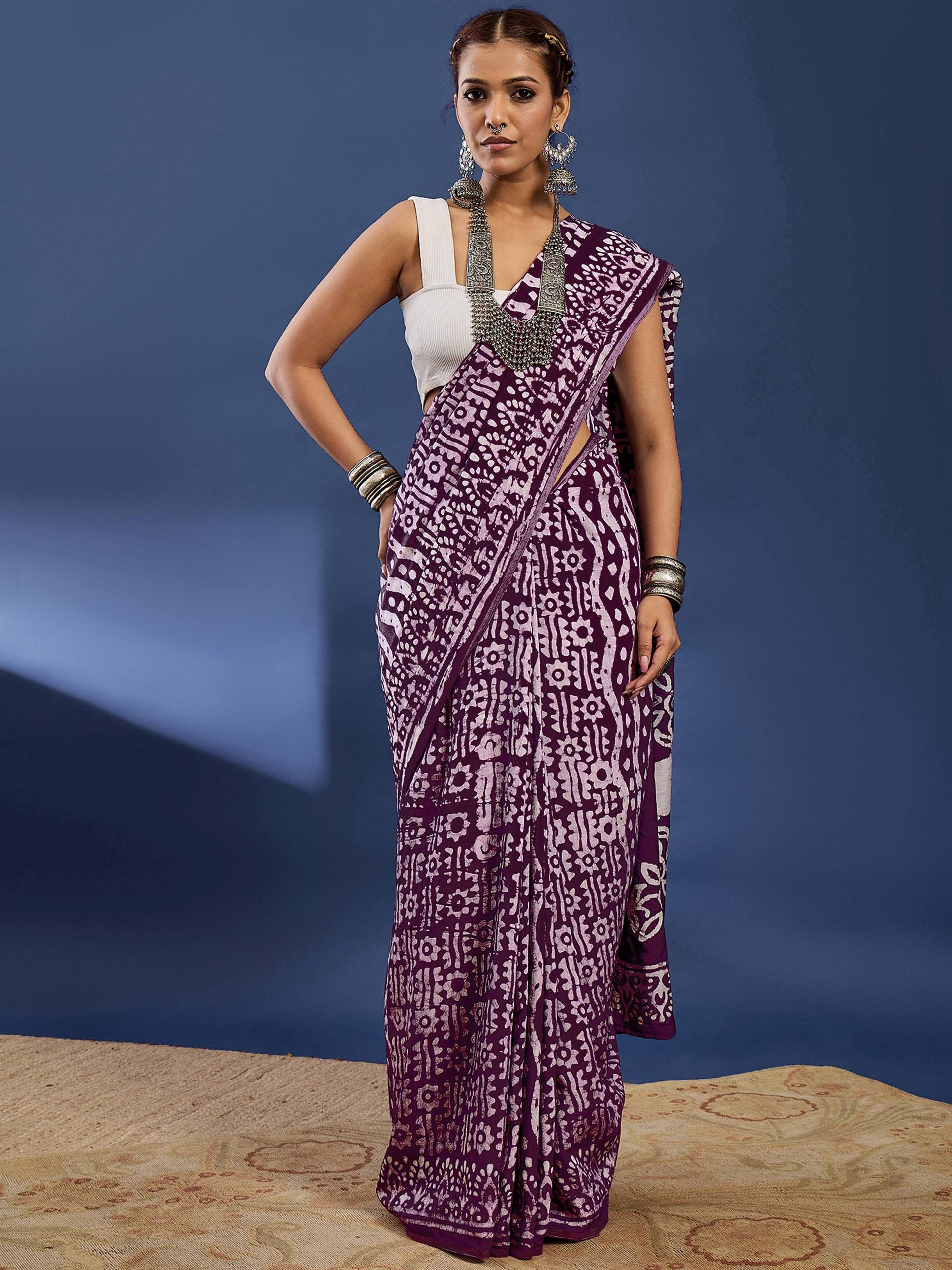 Purple & White 1-Minute Ready to Wear Bandhani Print Saree with Matching Blouse  Perfect for Festive & Party Wear