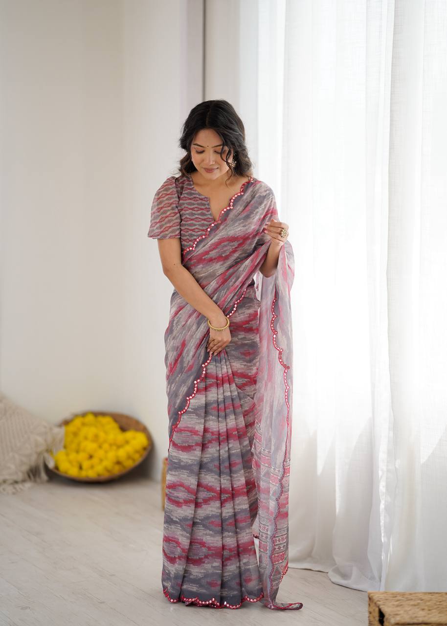 Graceful Ready-to-Wear Saree with Abstract Design & Embellished Scallop Border