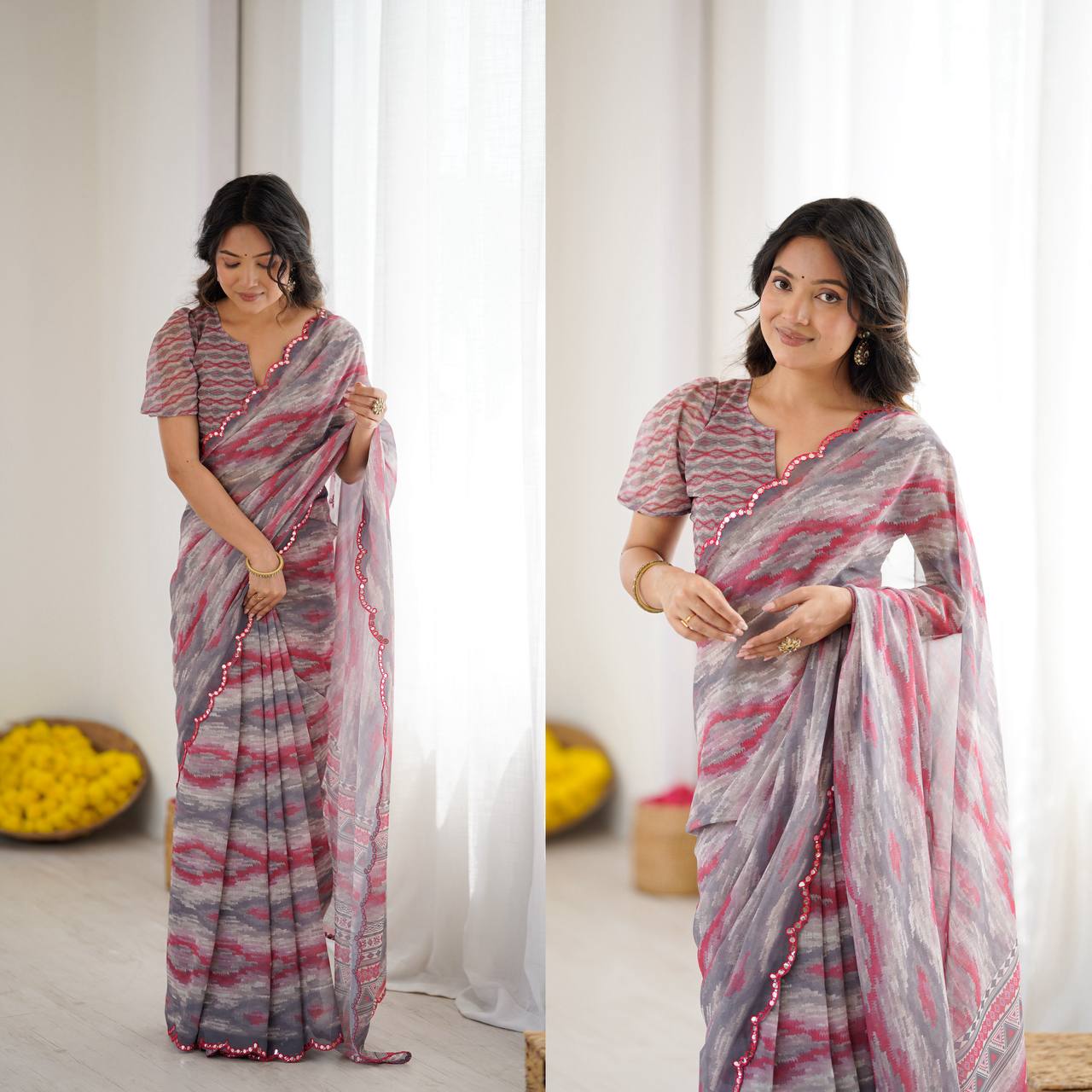 Graceful Ready-to-Wear Saree with Abstract Design & Embellished Scallop Border