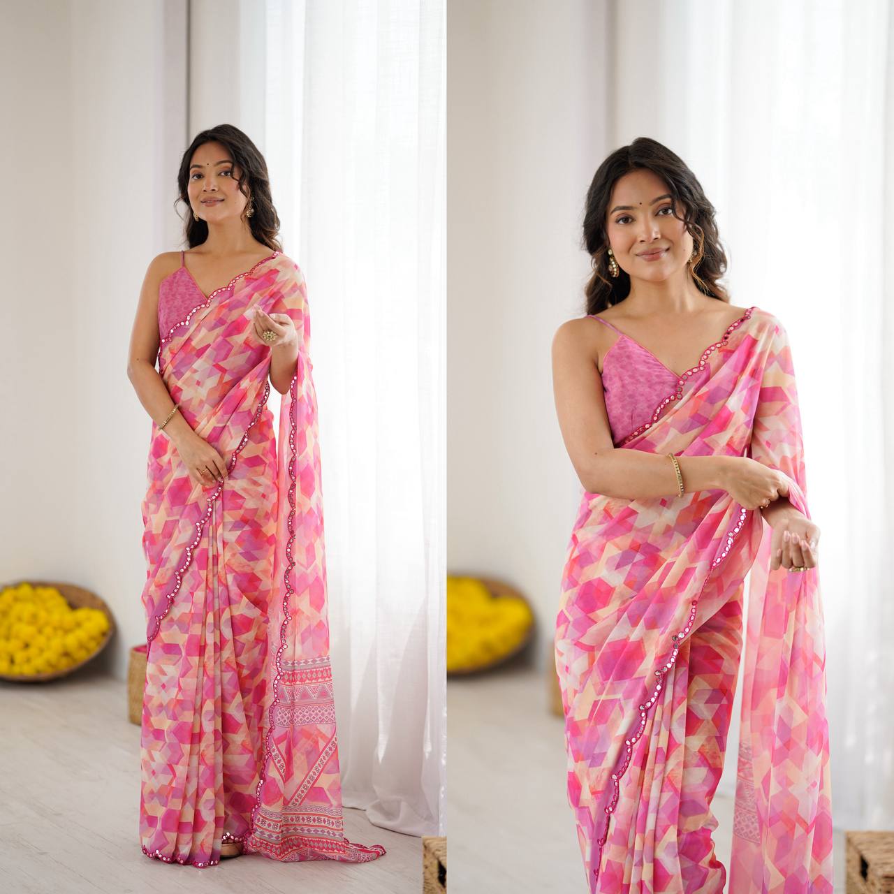Graceful Ready-to-Wear Saree with Abstract Design & Embellished Scallop Border