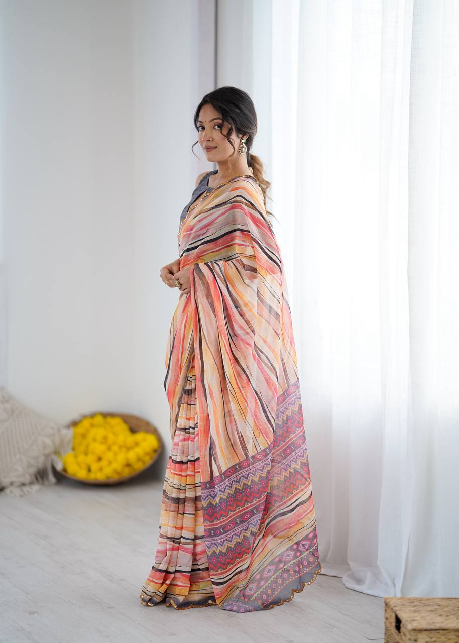Graceful Ready-to-Wear Saree with Abstract Design & Embellished Scallop Border