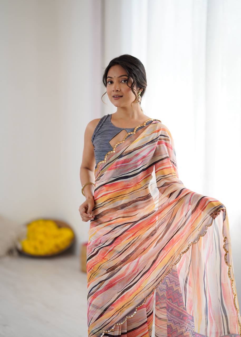 Graceful Ready-to-Wear Saree with Abstract Design & Embellished Scallop Border
