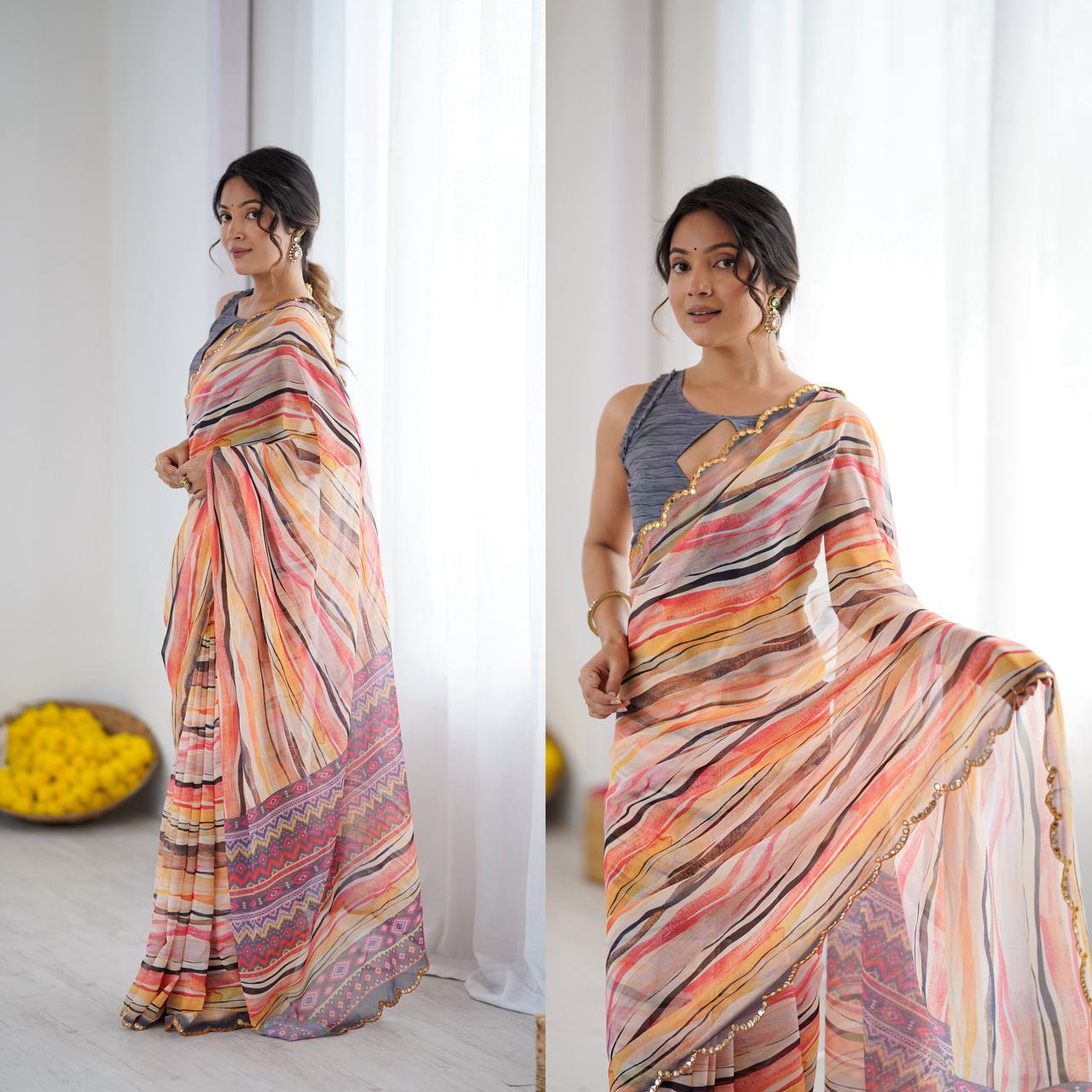 Graceful Ready-to-Wear Saree with Abstract Design & Embellished Scallop Border