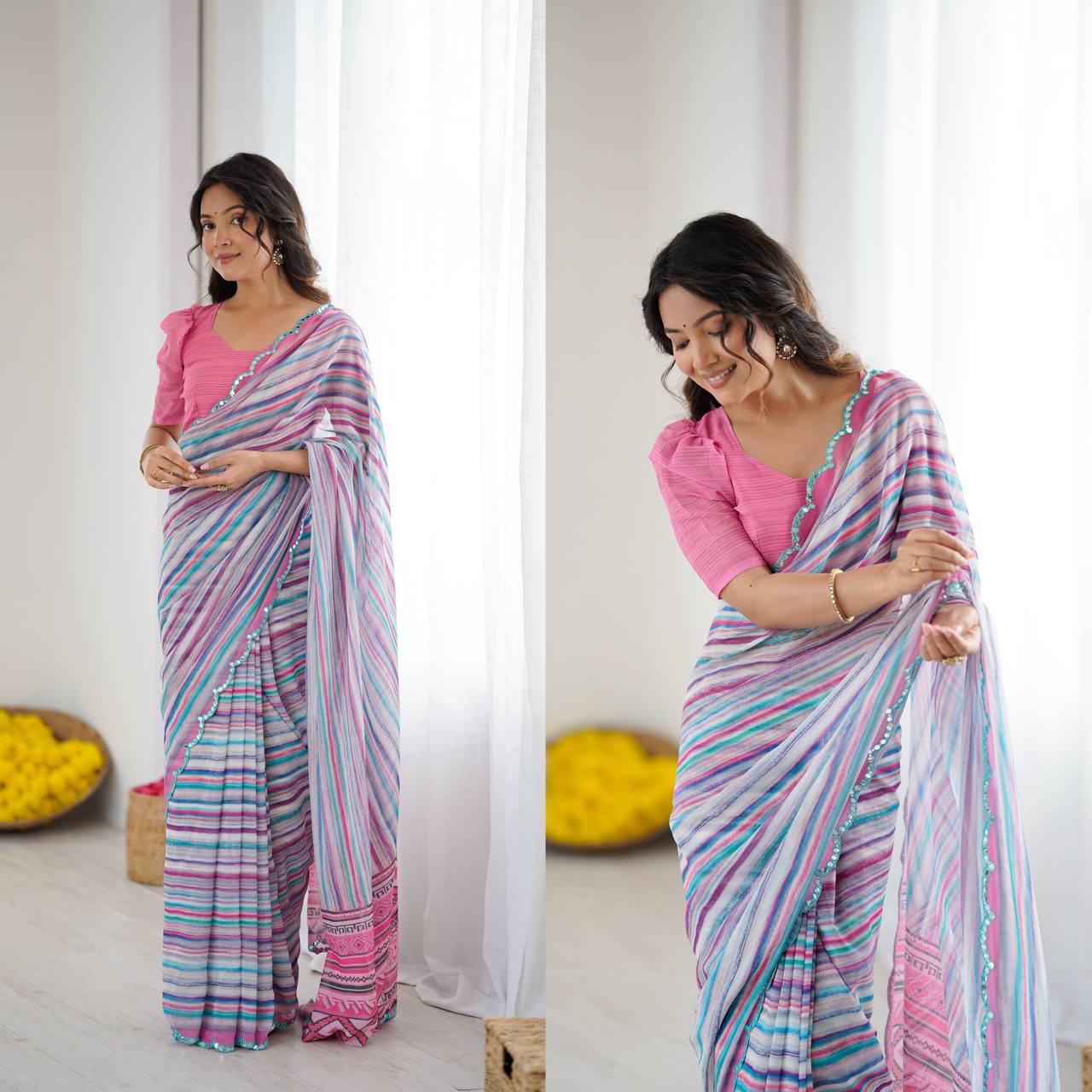 Graceful Ready-to-Wear Saree with Abstract Design & Embellished Scallop Border
