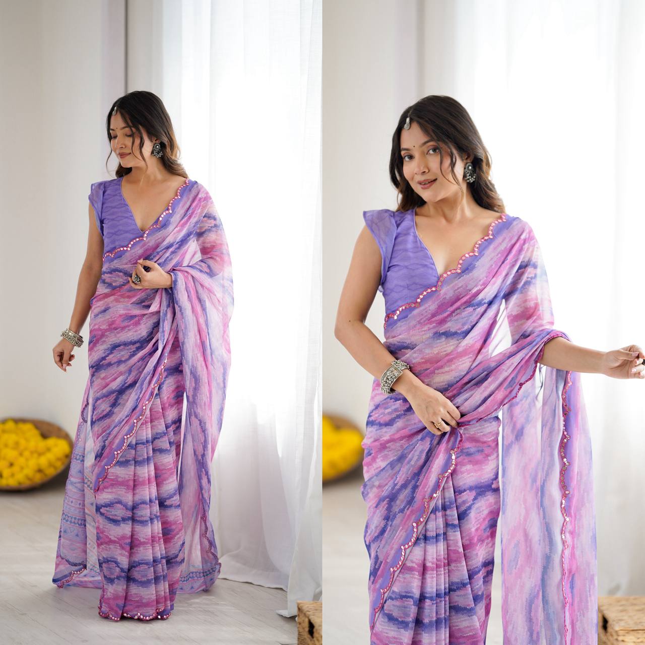 Graceful Ready-to-Wear Saree with Abstract Design & Embellished Scallop Border