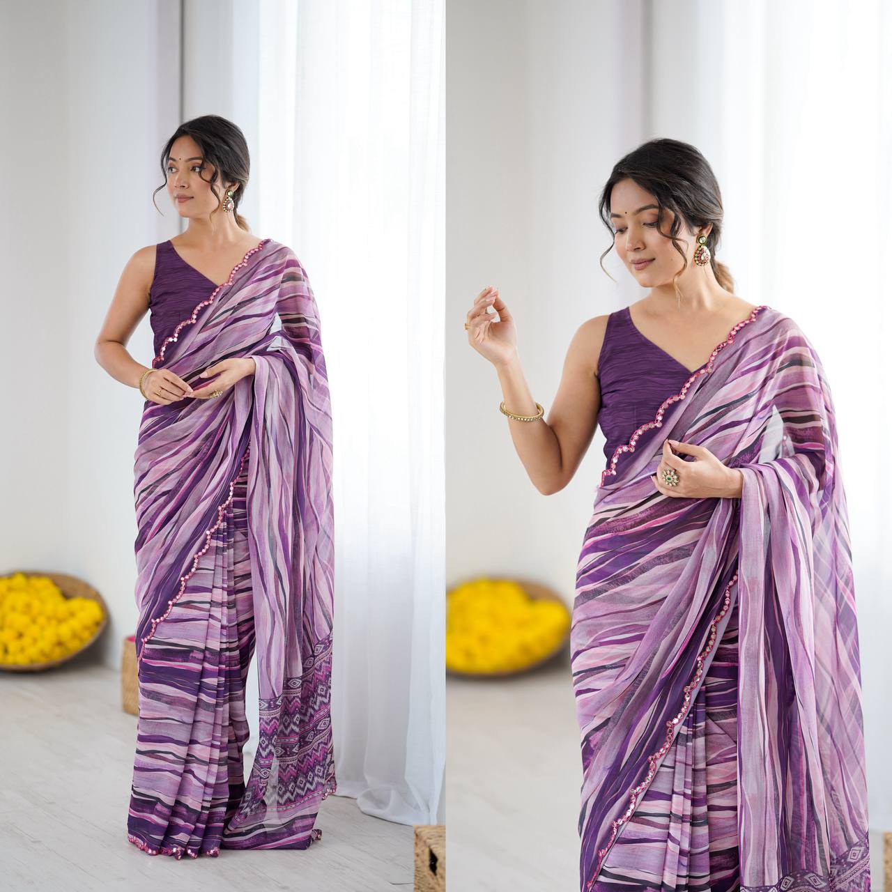 Graceful Ready-to-Wear Saree with Abstract Design & Embellished Scallop Border
