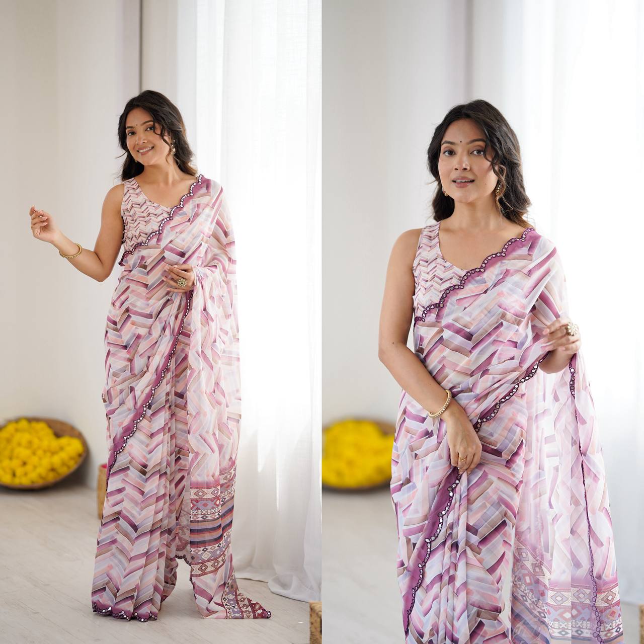 Graceful Ready-to-Wear Saree with Abstract Design & Embellished Scallop Border