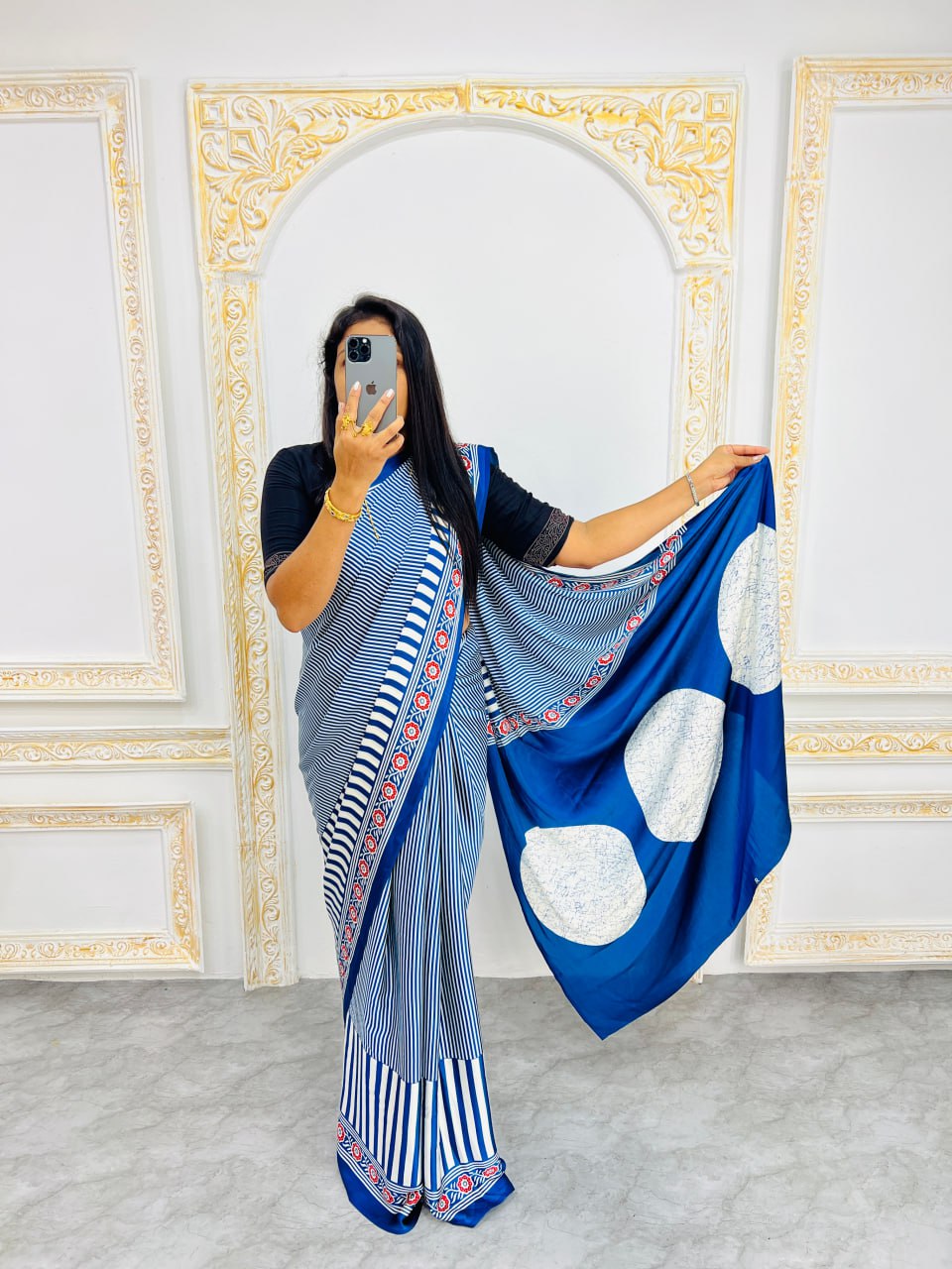 Ready-to-Wear  Blue  Ajrakh Saree Elegant Fusion of Traditional Art & Modern Design