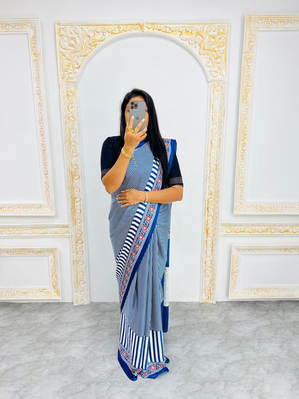 Ready-to-Wear  Blue  Ajrakh Saree Elegant Fusion of Traditional Art & Modern Design