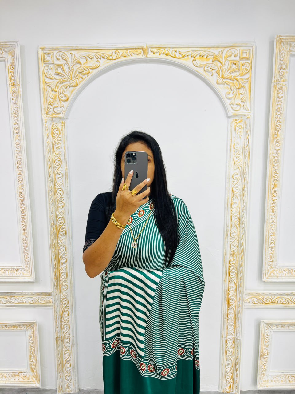 Ready-to-Wear  Green Ajrakh Saree Elegant Fusion of Traditional Art & Modern Design