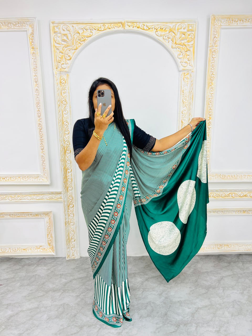 Ready-to-Wear  Green Ajrakh Saree Elegant Fusion of Traditional Art & Modern Design