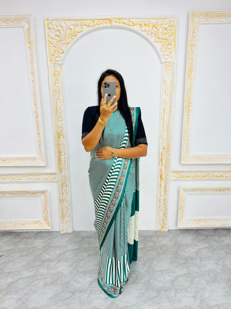 Ready-to-Wear  Green Ajrakh Saree Elegant Fusion of Traditional Art & Modern Design