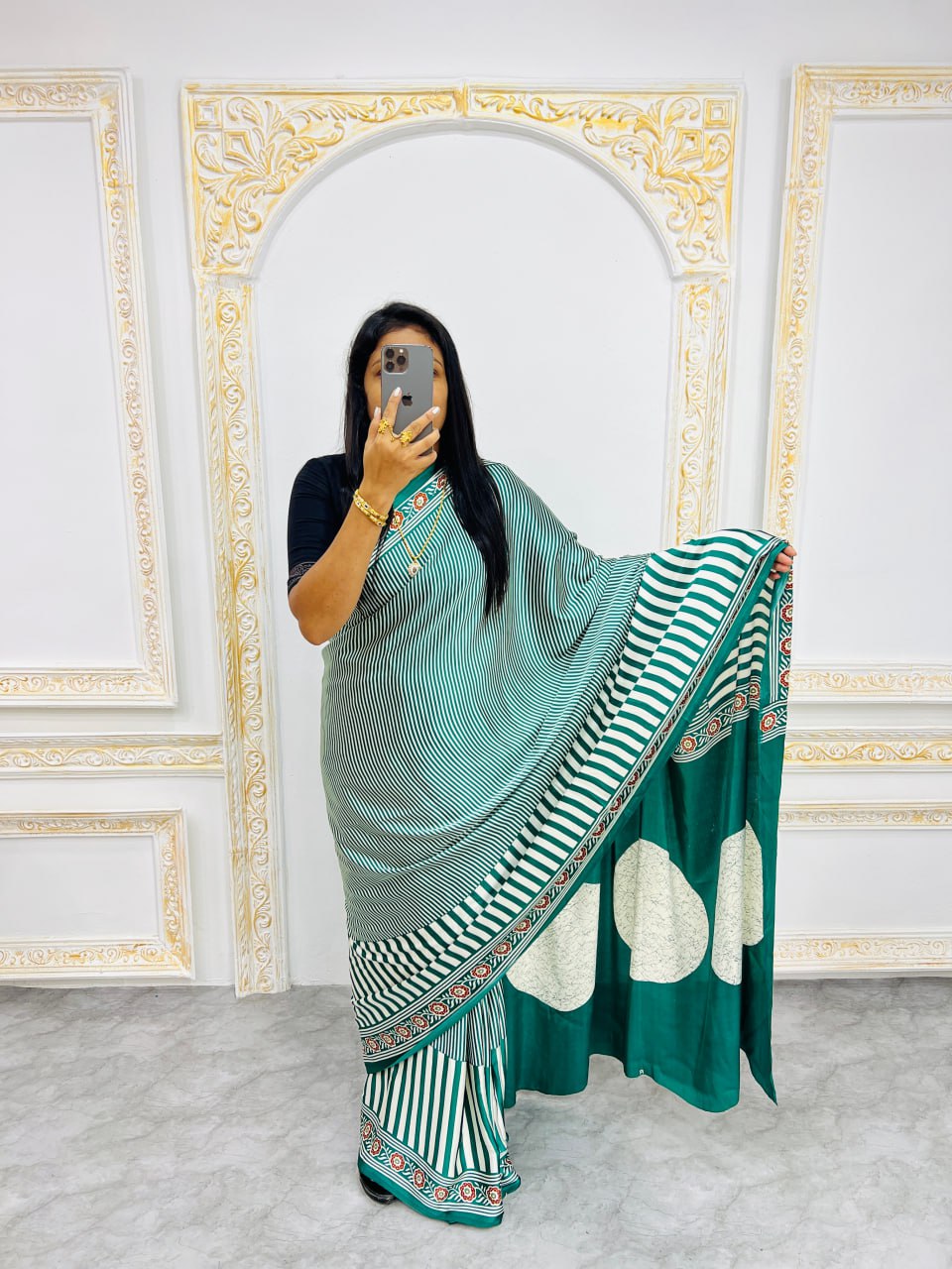 Ready-to-Wear  Green Ajrakh Saree Elegant Fusion of Traditional Art & Modern Design