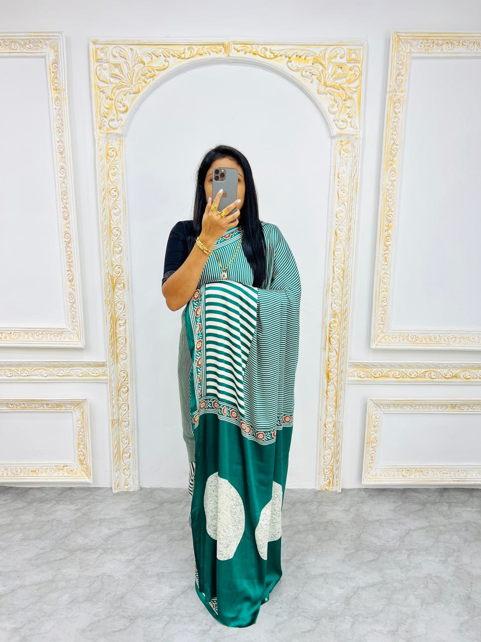 Ready-to-Wear  Green Ajrakh Saree Elegant Fusion of Traditional Art & Modern Design