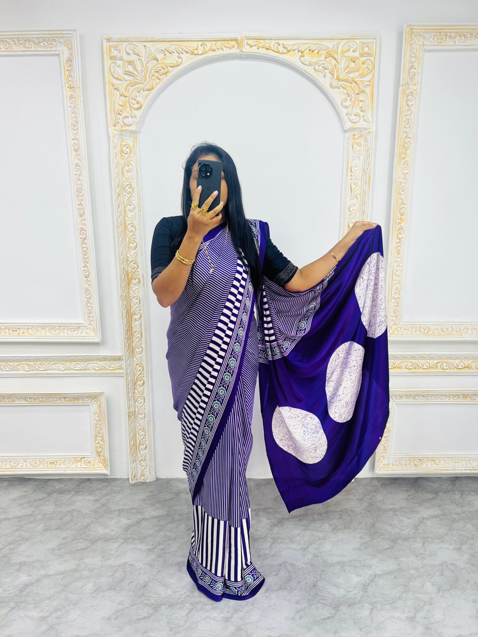 Ready-to-Wear  purple Ajrakh Saree Elegant Fusion of Traditional Art & Modern Design