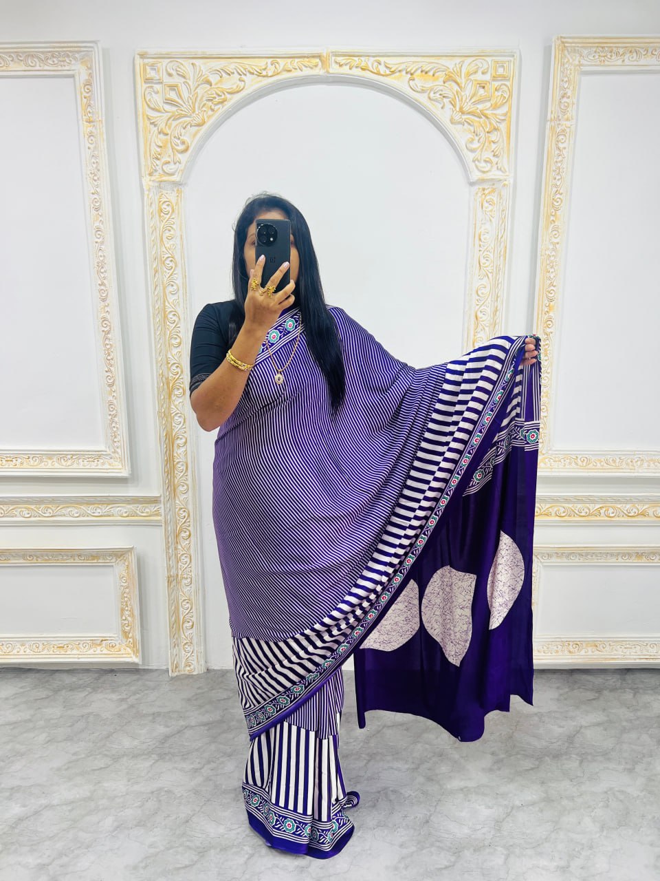 Ready-to-Wear  purple Ajrakh Saree Elegant Fusion of Traditional Art & Modern Design