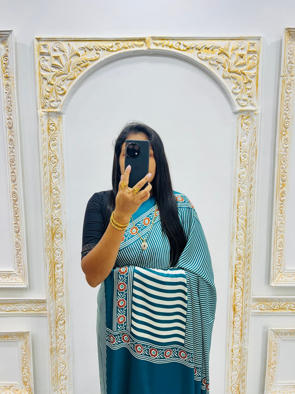 Ready-to-Wear  Aqur Ajrakh Saree Elegant Fusion of Traditional Art & Modern Design