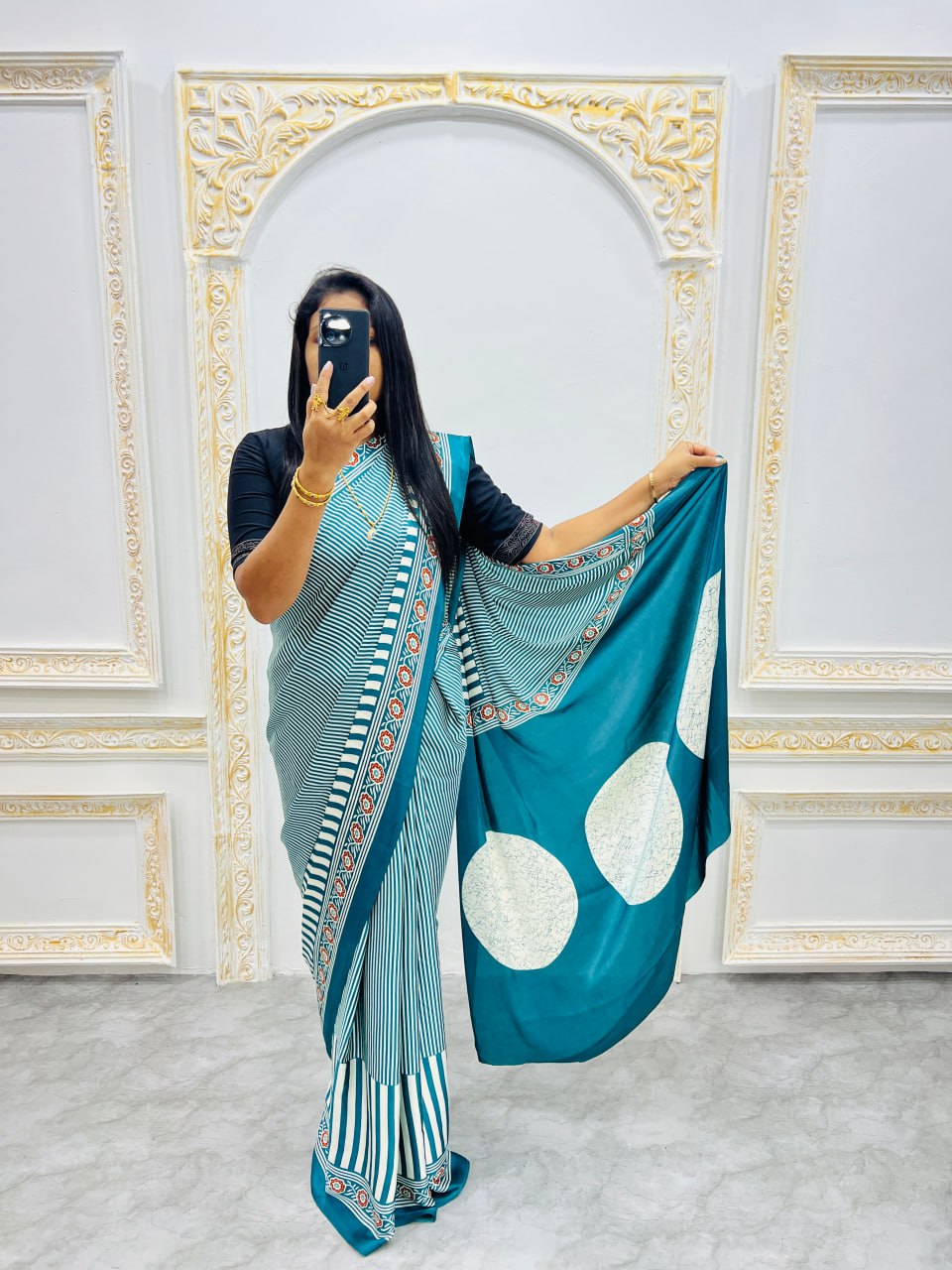 Ready-to-Wear  Aqur Ajrakh Saree Elegant Fusion of Traditional Art & Modern Design