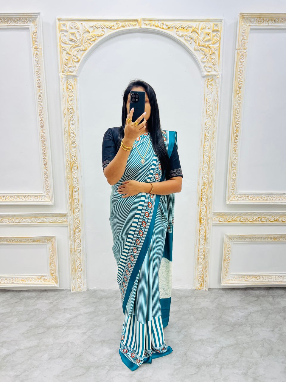 Ready-to-Wear  Aqur Ajrakh Saree Elegant Fusion of Traditional Art & Modern Design