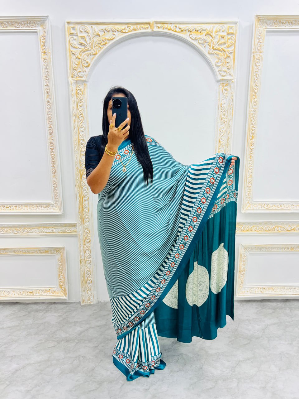 Ready-to-Wear  Aqur Ajrakh Saree Elegant Fusion of Traditional Art & Modern Design