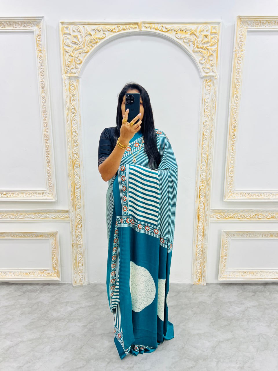 Ready-to-Wear  Aqur Ajrakh Saree Elegant Fusion of Traditional Art & Modern Design