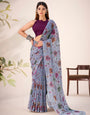 Floral Brasso Gray Saree with Attached Pleats & Matching Blouse