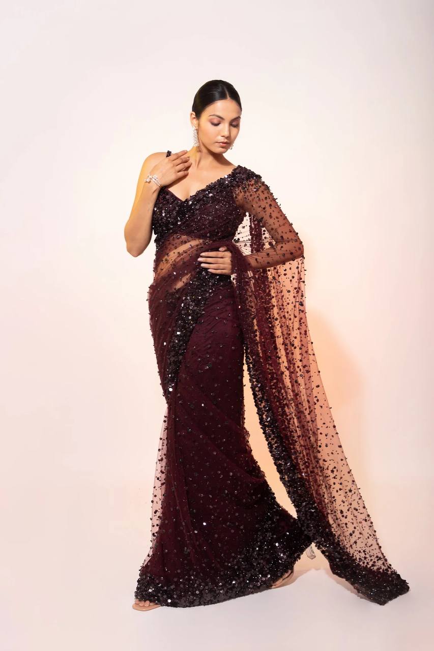 Net Saree with Hologram Sequin Work and Banglori Silk Blouse – Party & Reception Ready