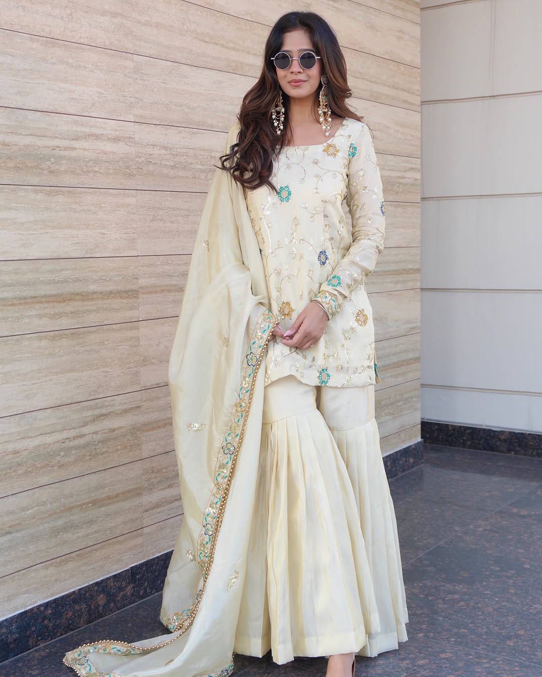 Pure Chinnon Top, Sharara and Dupatta Set with 3mm Embroidery Sequin Work